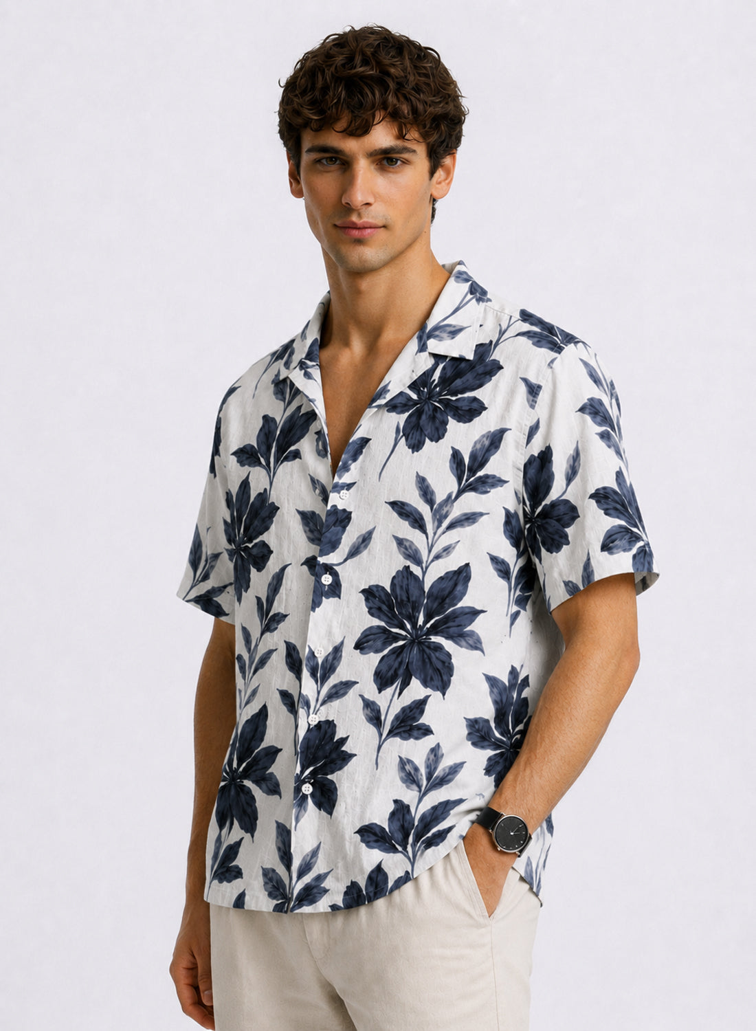 Men White And Navy Relaxed Fit Shirt