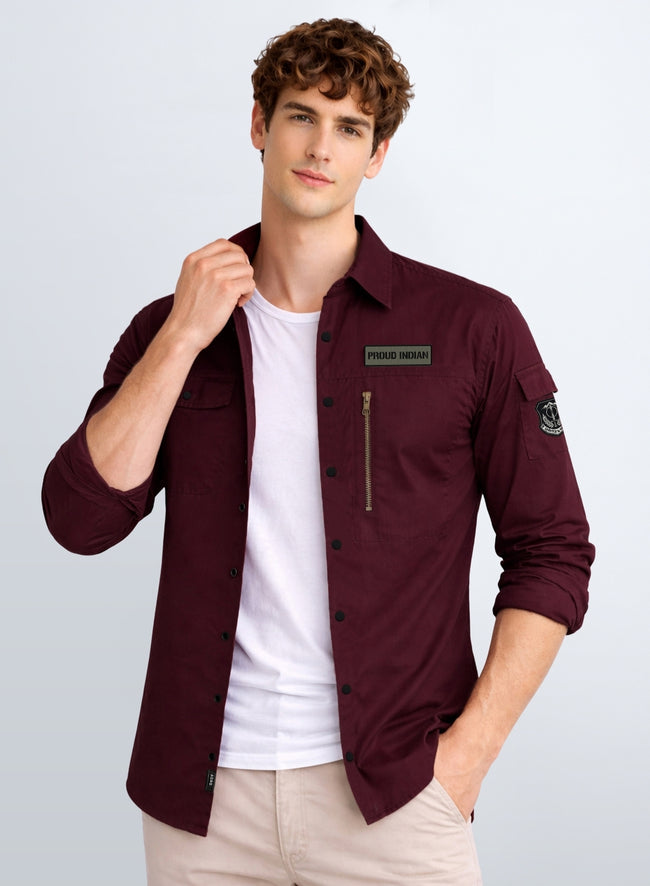 Men Solid Maroon Cargo Shirt