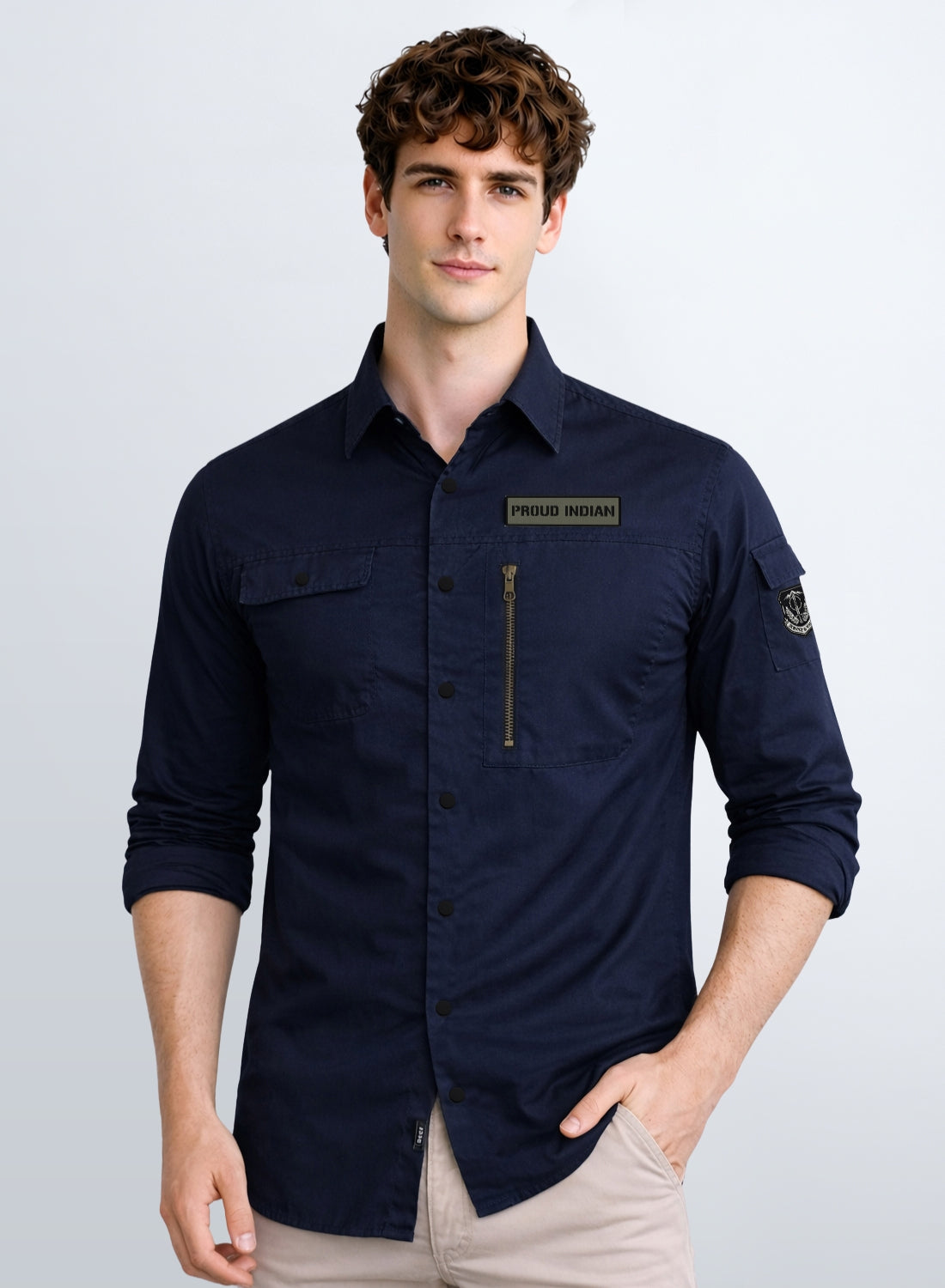Men Solid Navy Blue Cargo Shirt