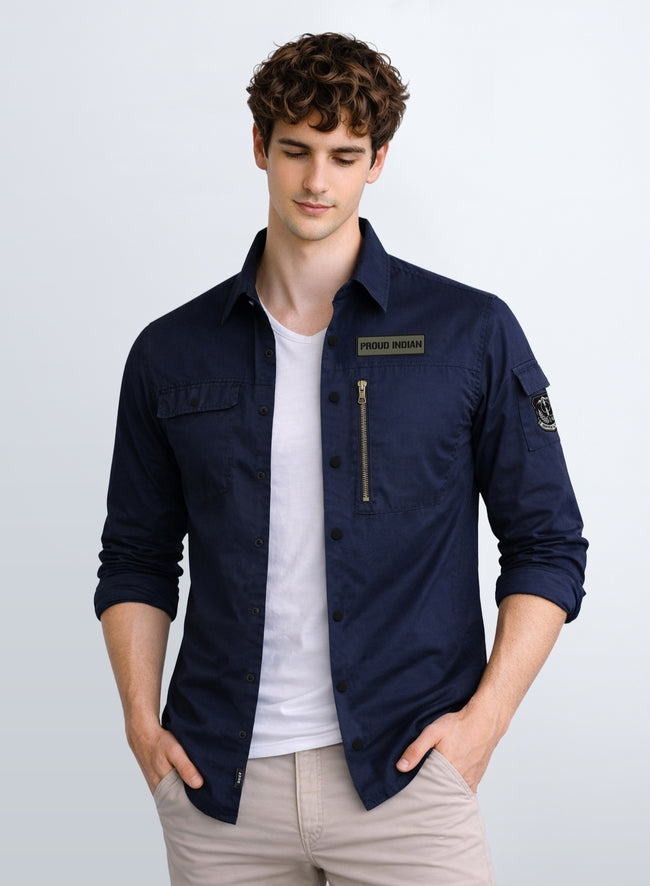 Men Solid Navy Blue Cargo Shirt