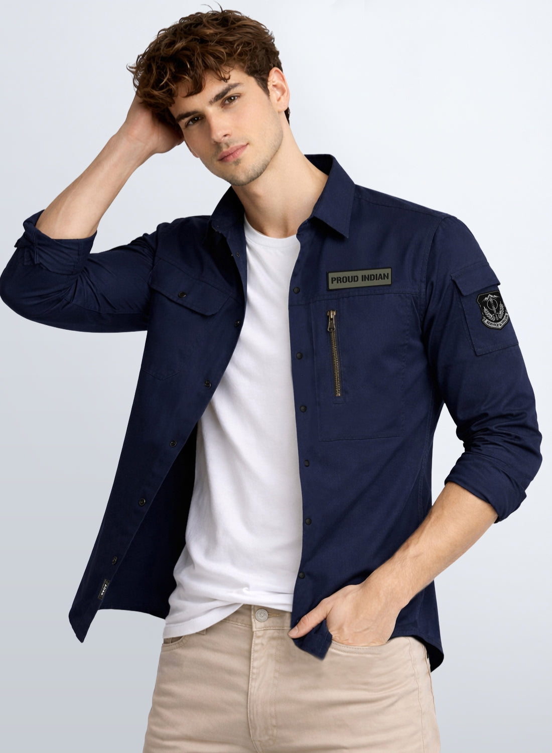 Men Solid Navy Blue Cargo Shirt