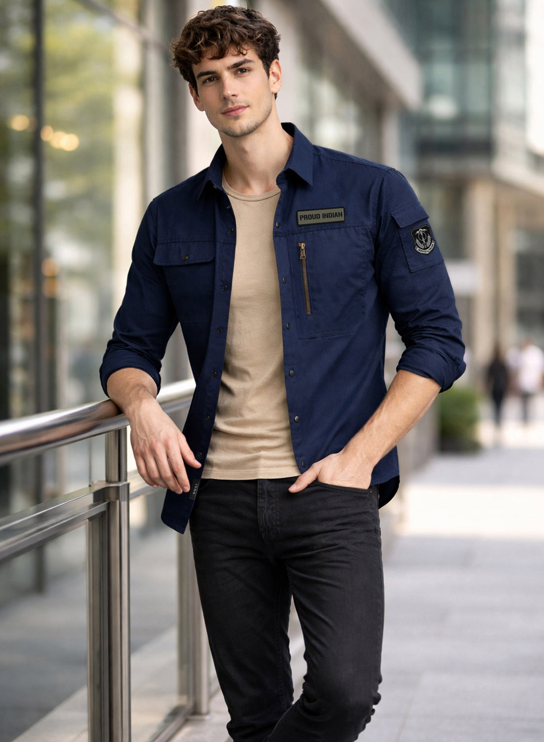 Men Solid Navy Blue Cargo Shirt