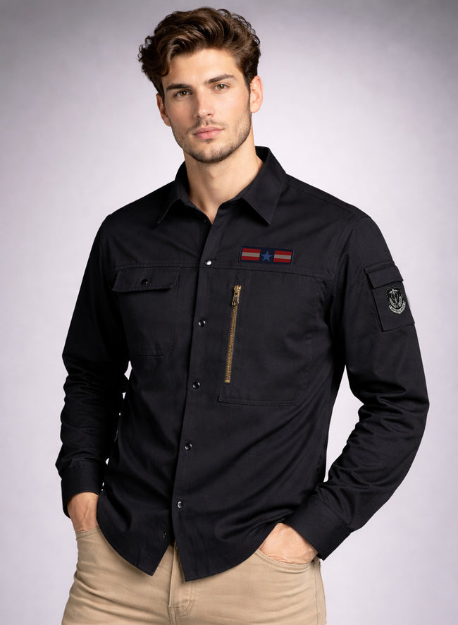 Men Solid Black Cargo Shirt