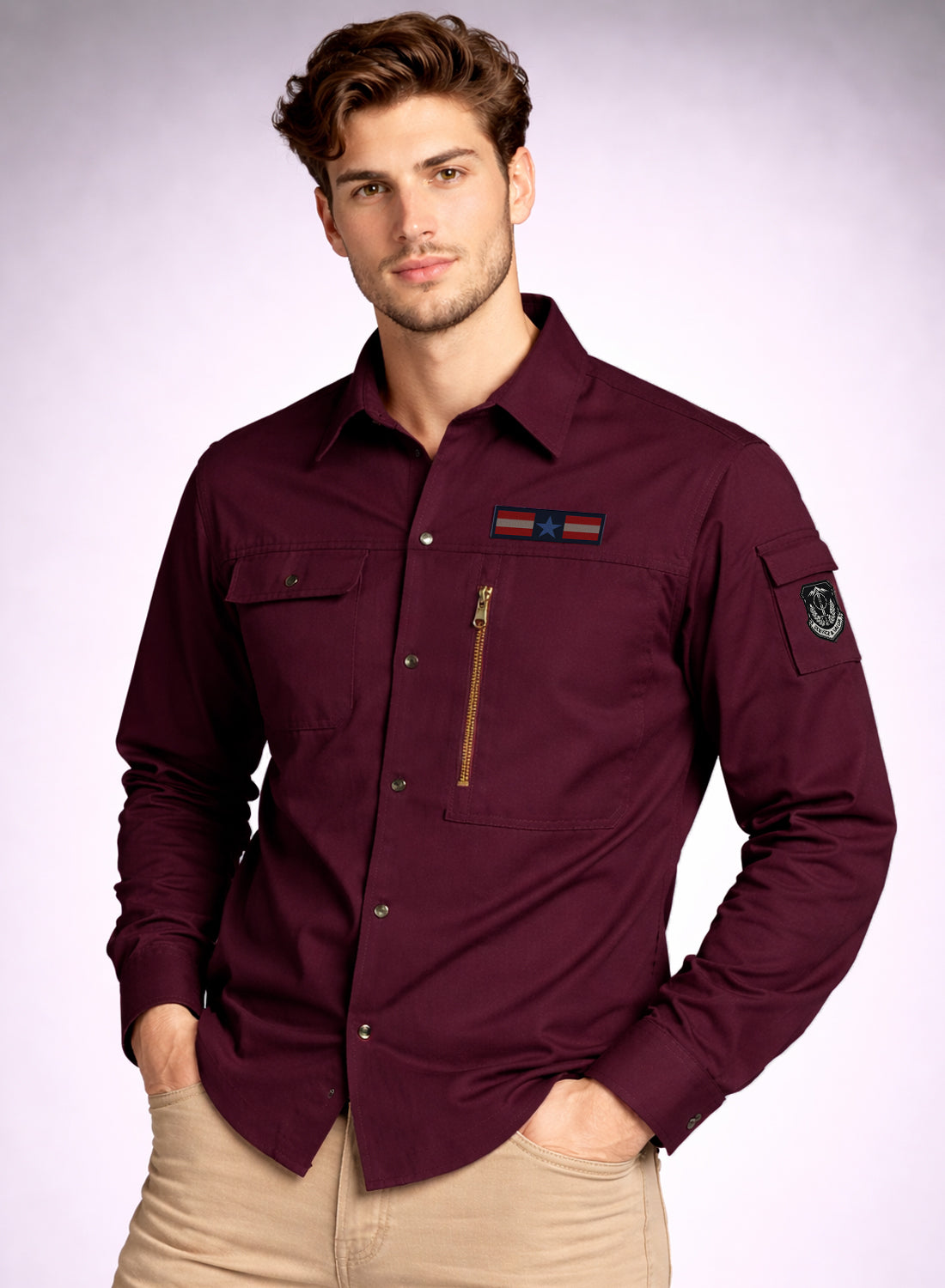 Men Solid Maroon Cargo Shirt