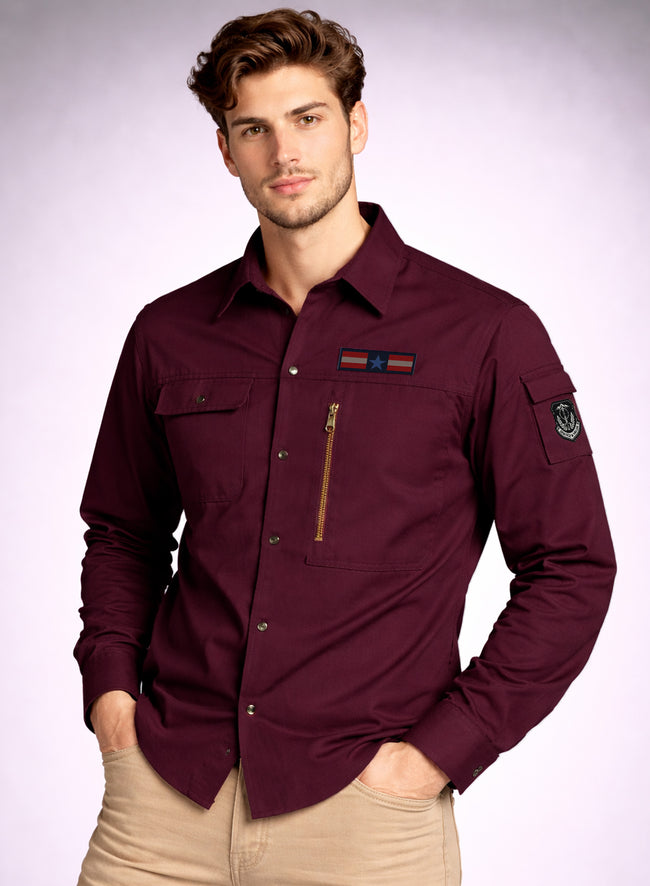 Men Solid Maroon Cargo Shirt