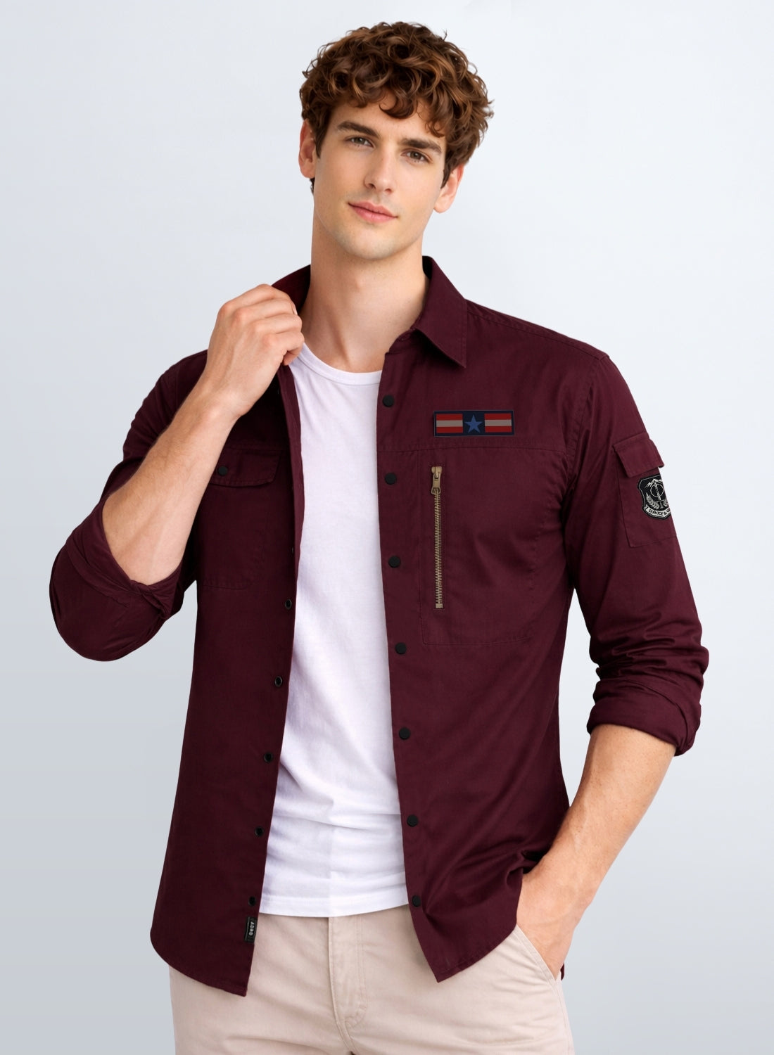 Men Solid Maroon Cargo Shirt