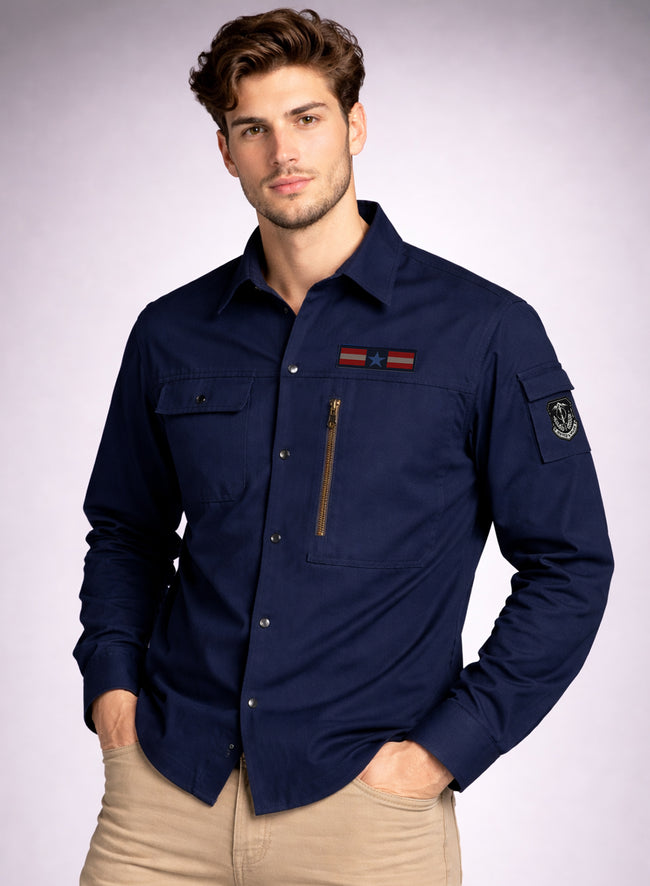 Men Solid Navy Blue Cargo Shirt
