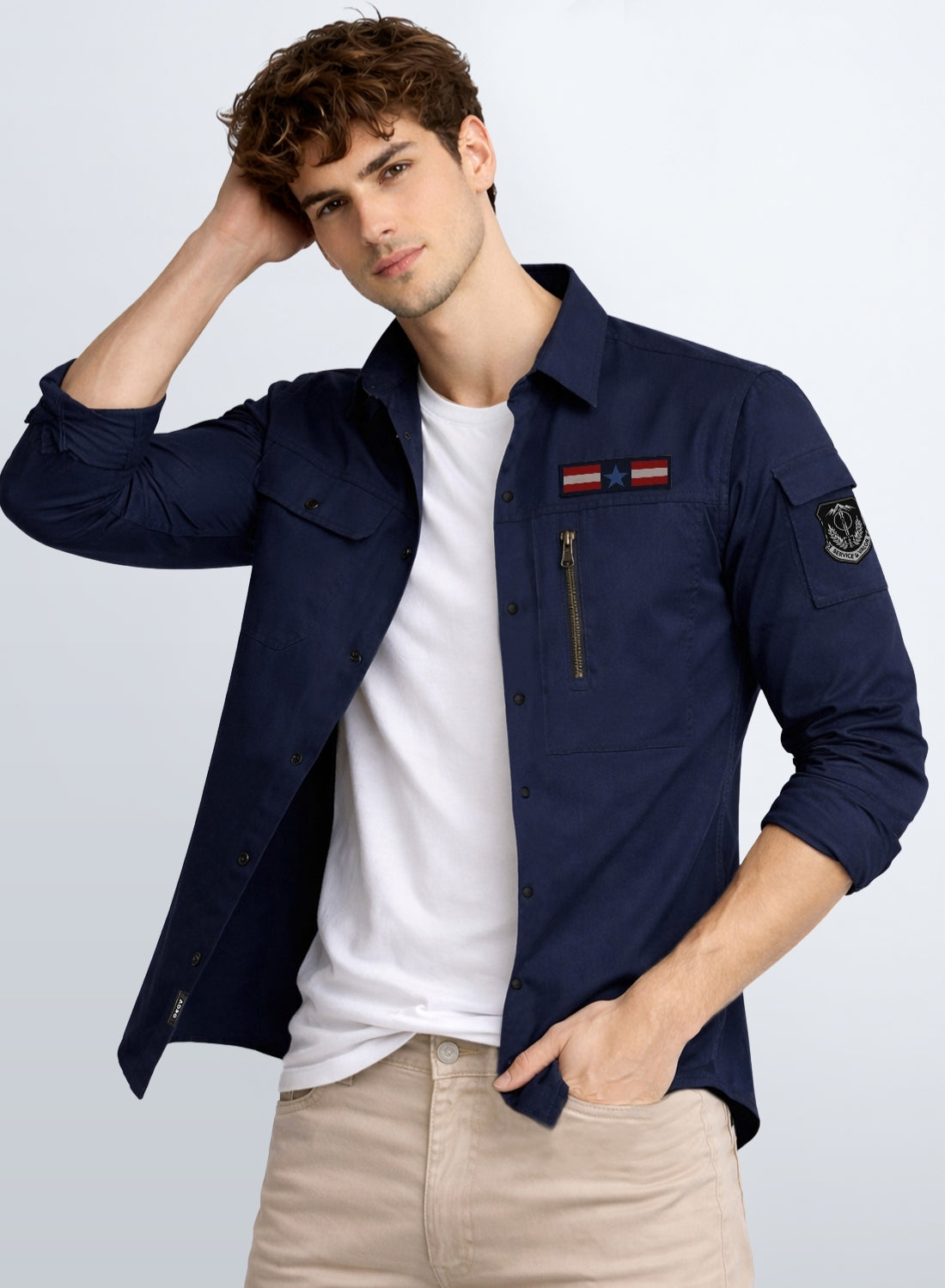 Men Solid Navy Blue Cargo Shirt