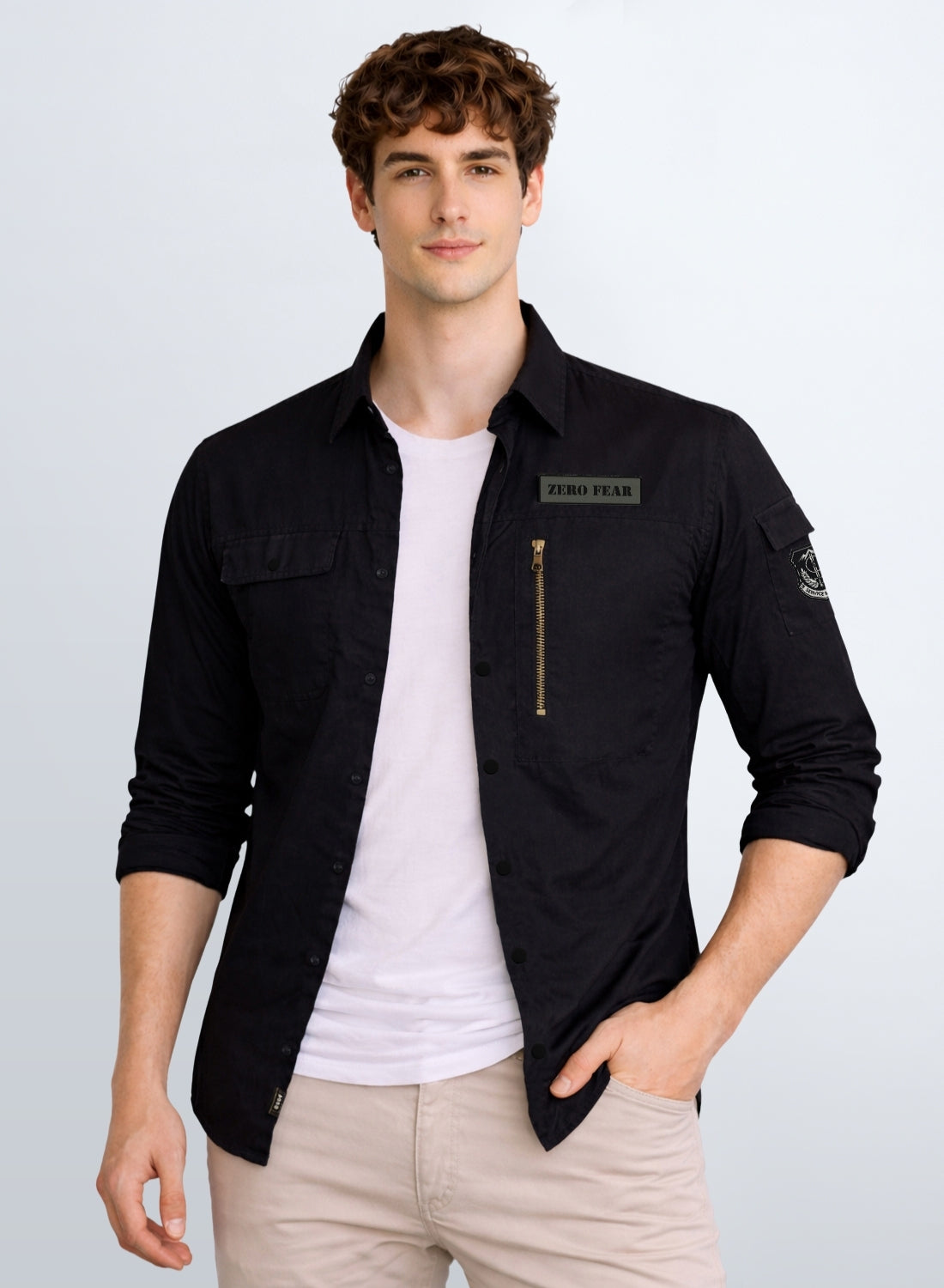 Men Solid Black Cargo Shirt