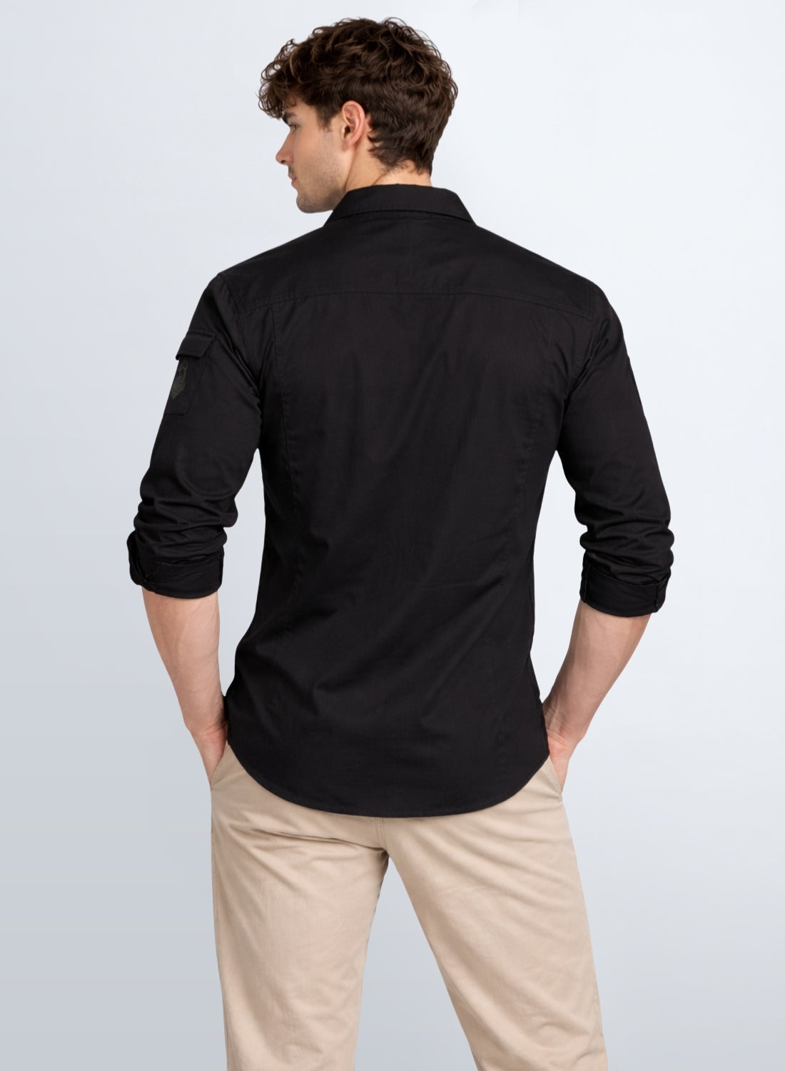 Men Solid Black Cargo Shirt