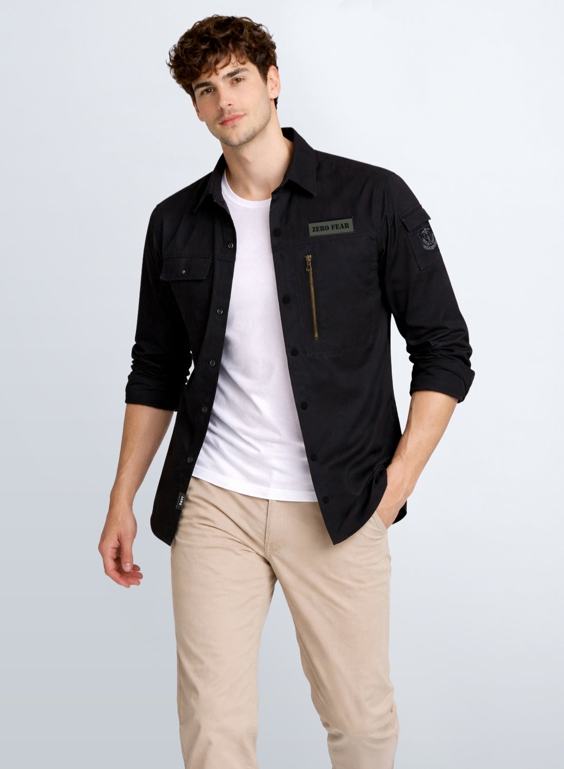 Men Solid Black Cargo Shirt