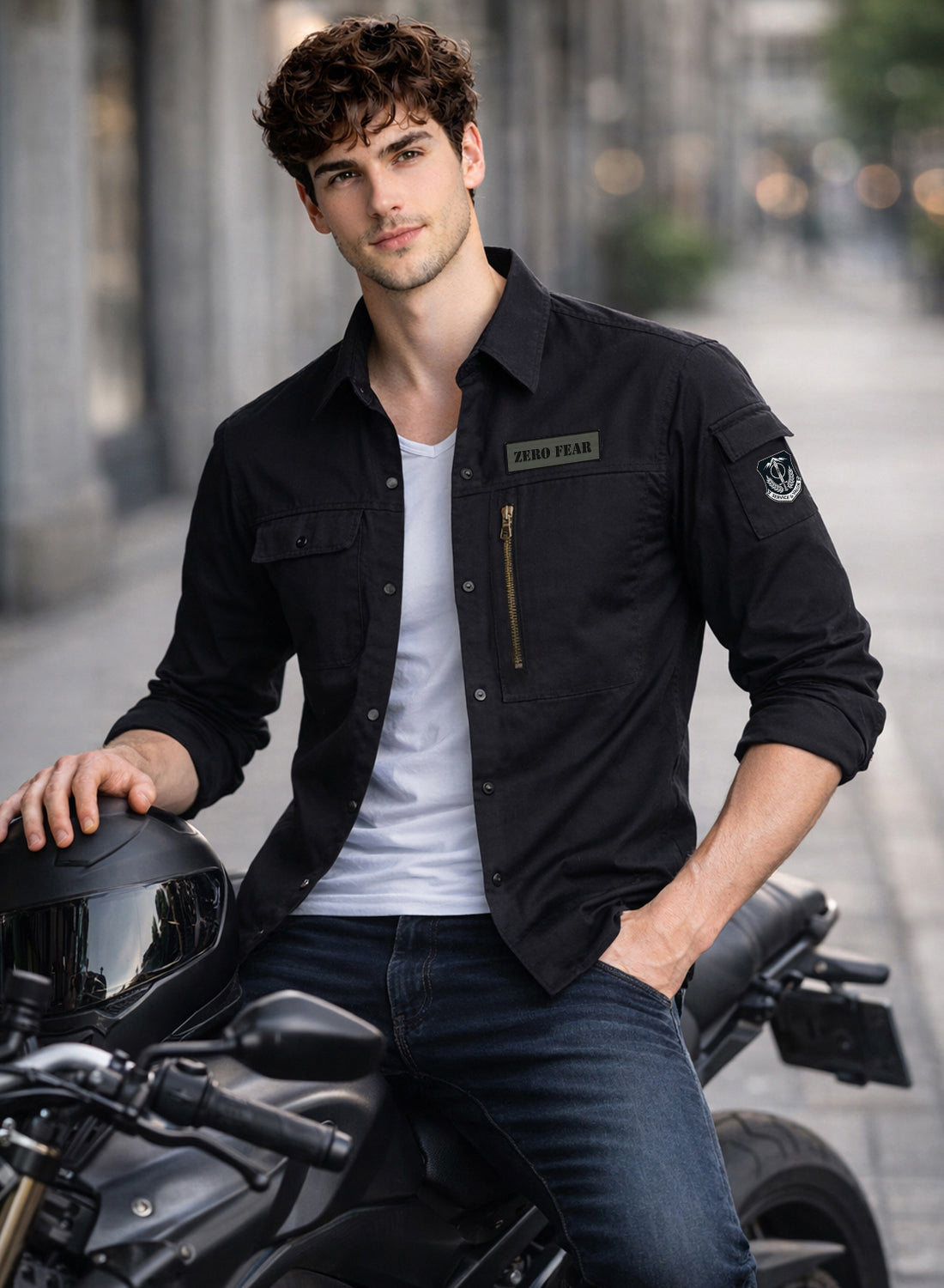 Men Solid Black Cargo Shirt