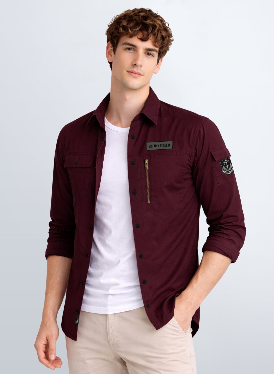 Men Solid Maroon Cargo Shirt