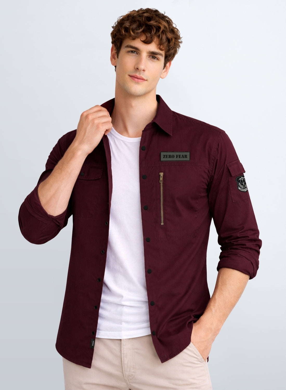 Men Solid Maroon Cargo Shirt