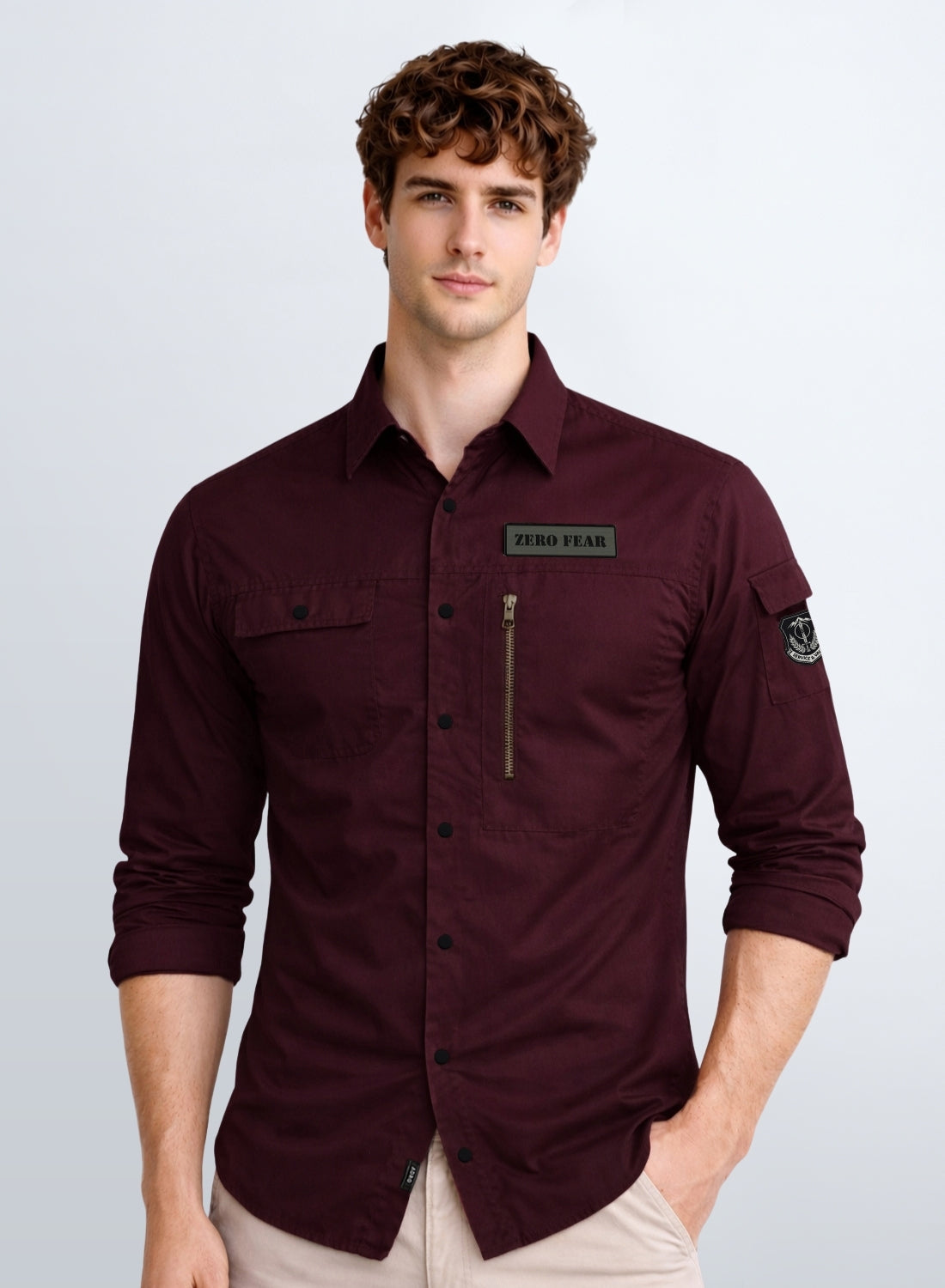 Men Solid Maroon Cargo Shirt