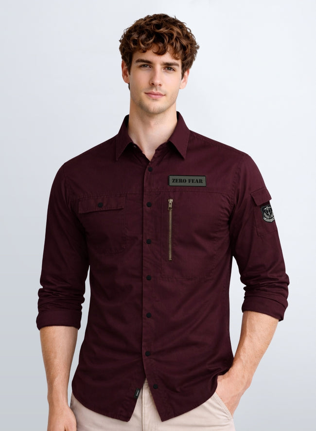 Men Solid Maroon Cargo Shirt