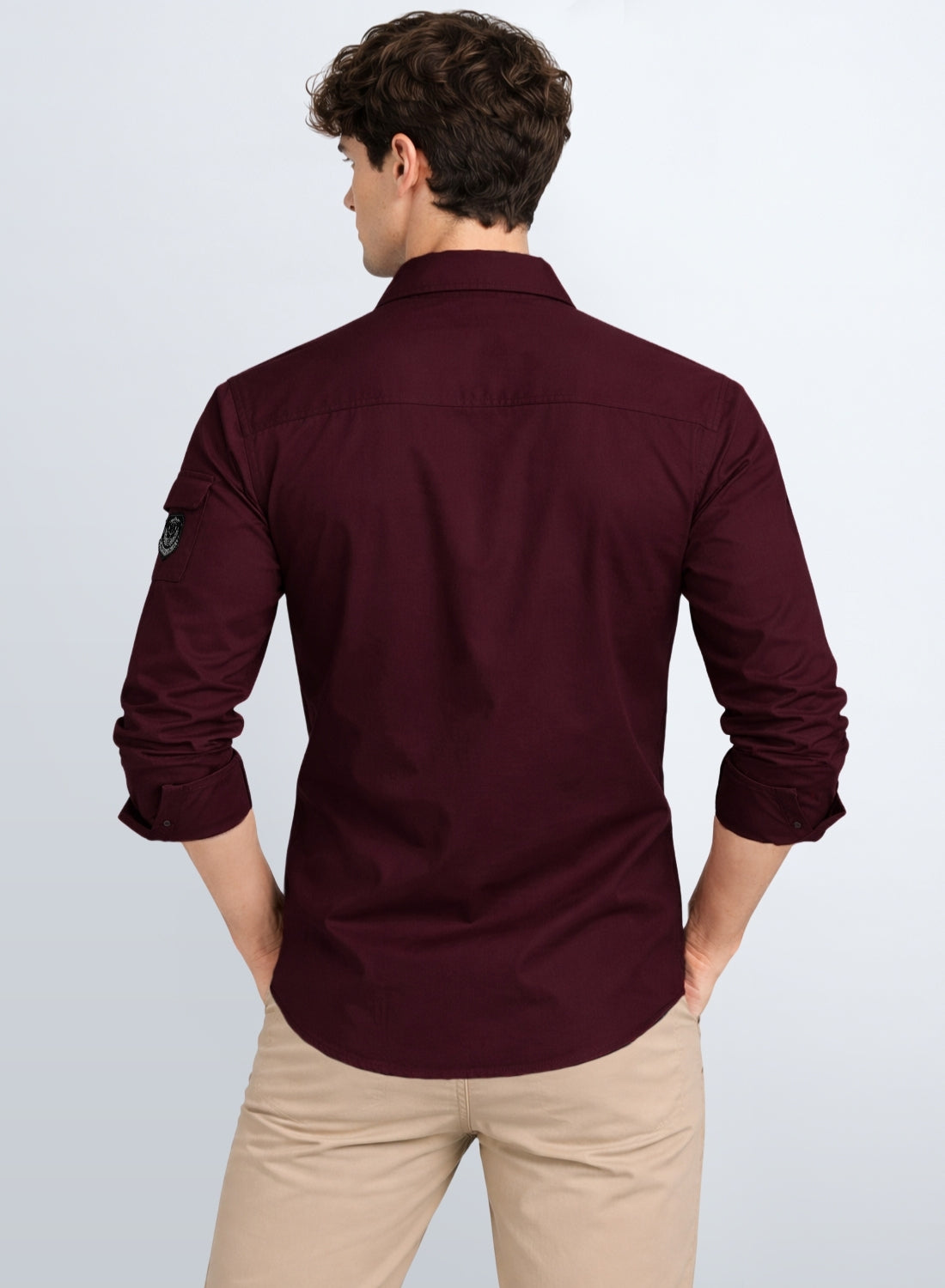 Men Solid Maroon Cargo Shirt