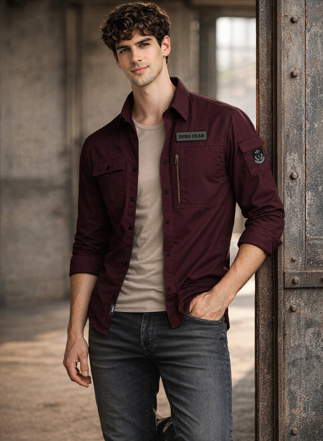 Men Solid Maroon Cargo Shirt