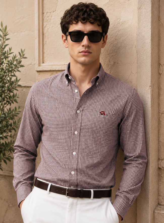 Men Brown Mini Check Shirt