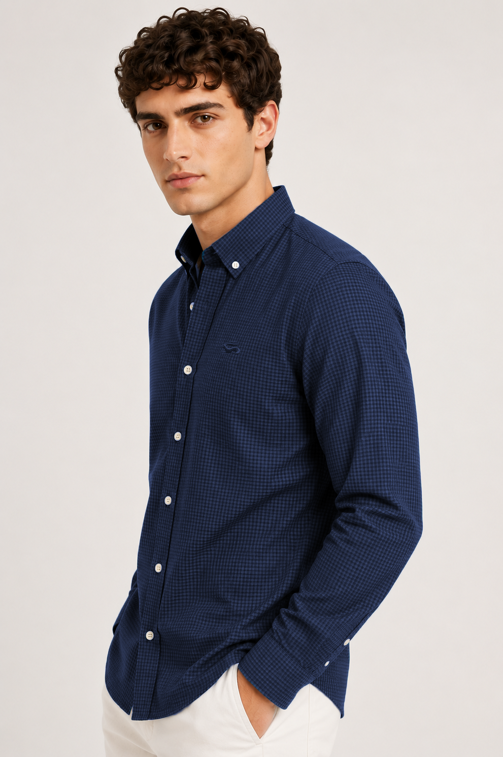 Men Navy Mini Check Shirt