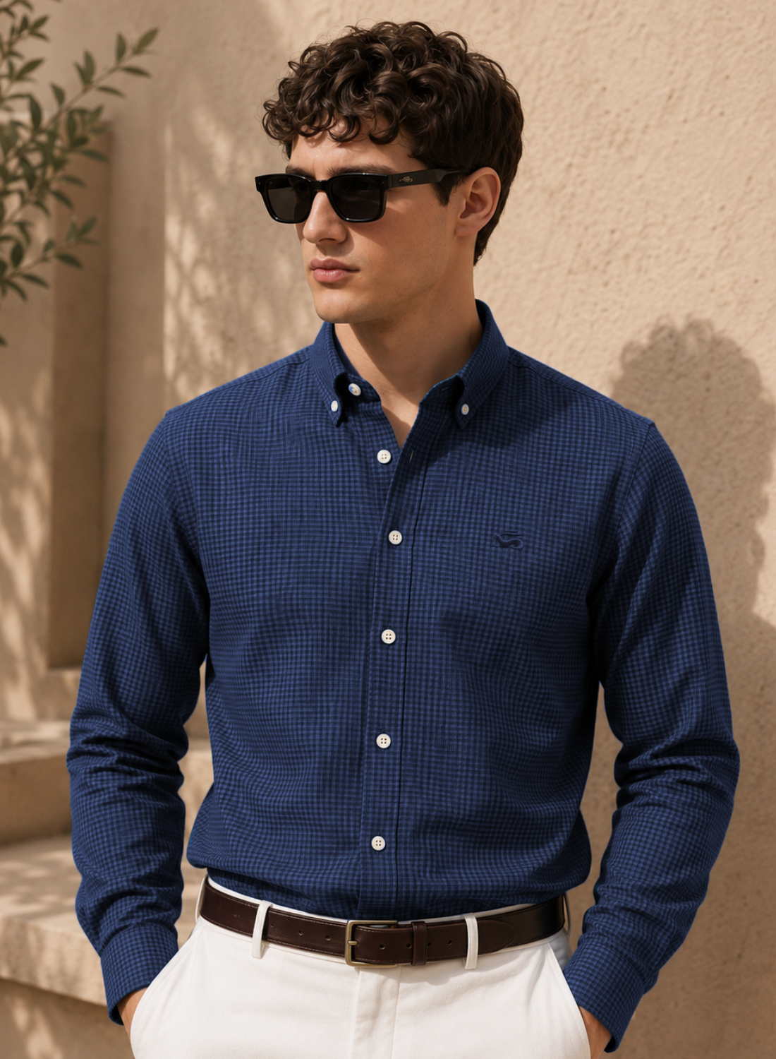 Men Navy Mini Check Shirt