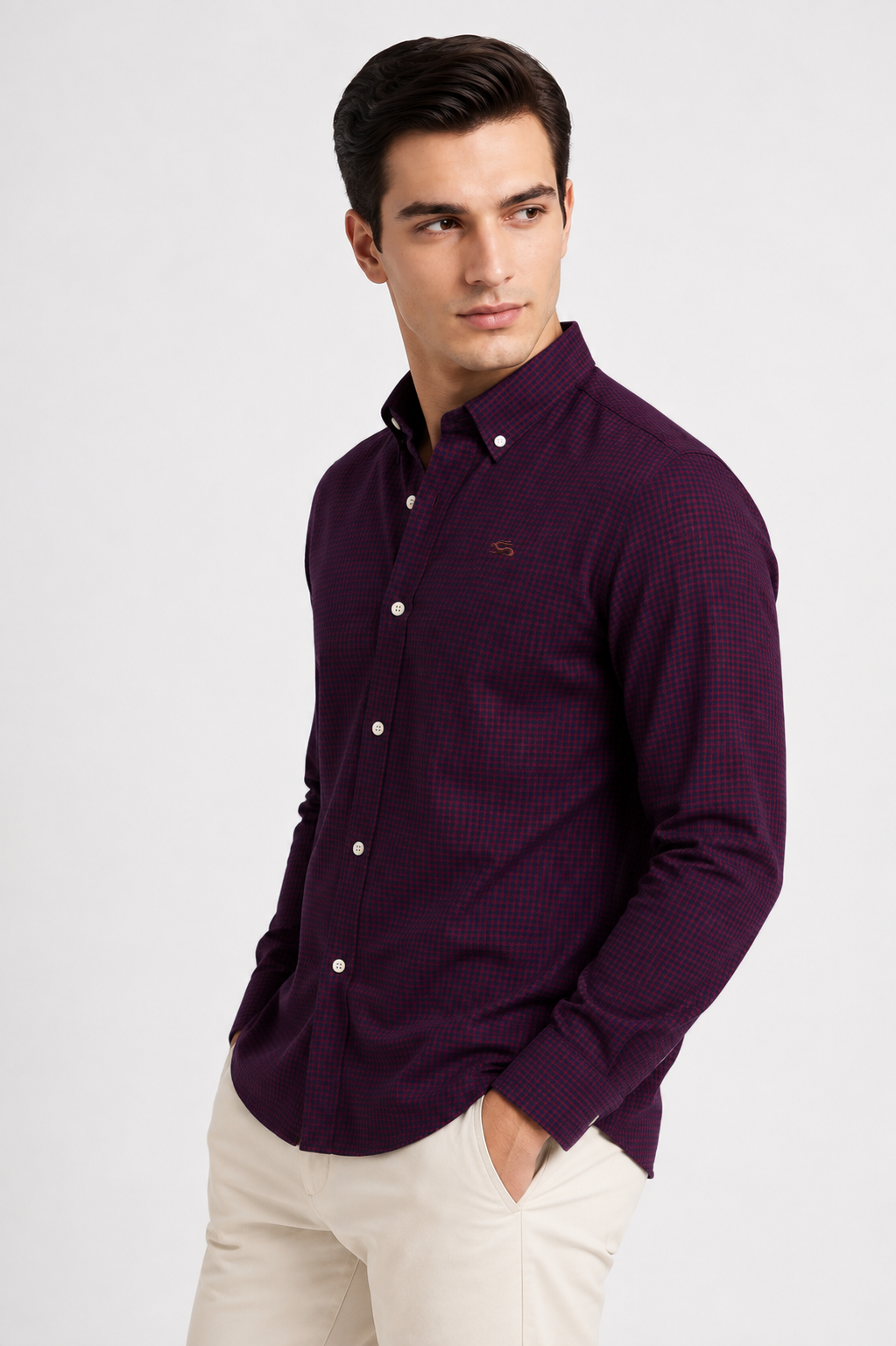 Men Wine Mini Check Shirt