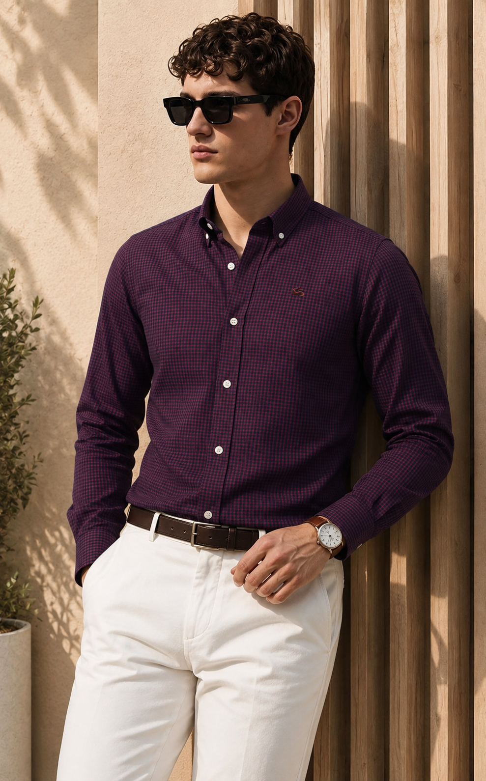 Men Wine Mini Check Shirt