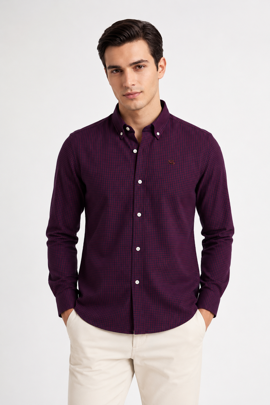 Men Wine Mini Check Shirt