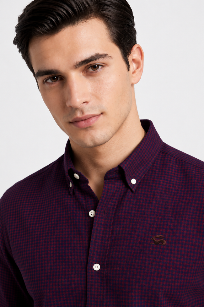 Men Wine Mini Check Shirt