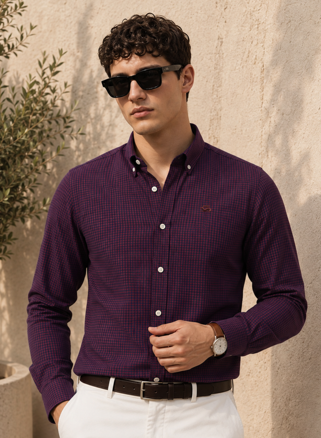 Men Wine Mini Check Shirt