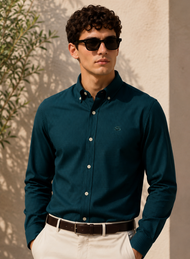 Men Teal Oxford Cotton Casual Shirt