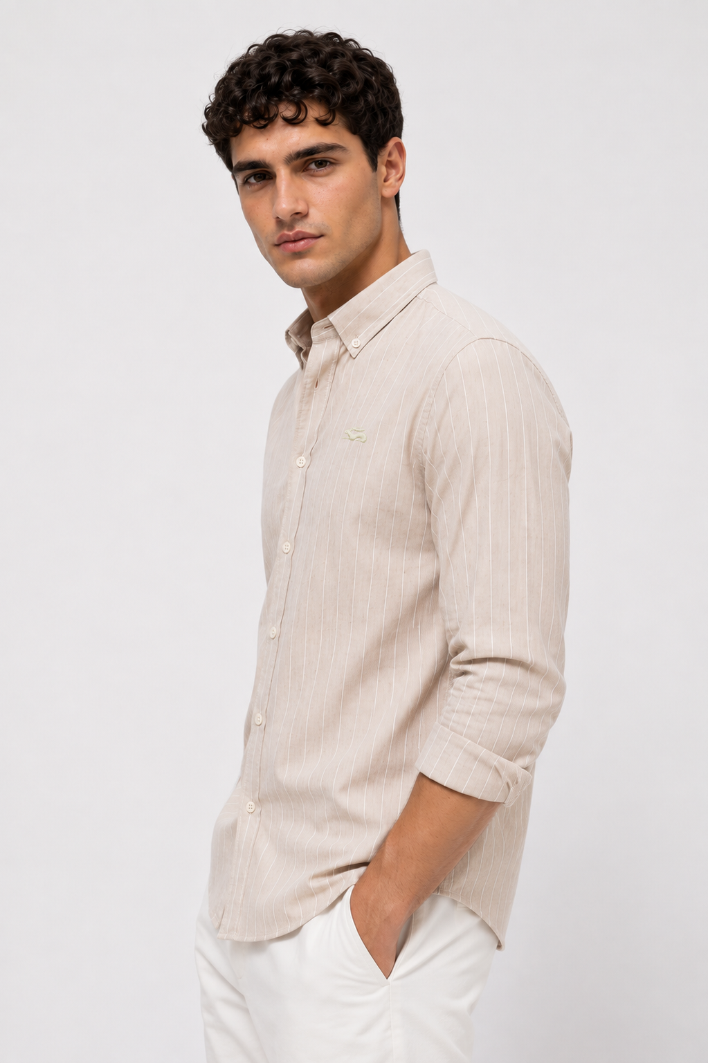 Men Beige Oxford Cotton Casual Shirt