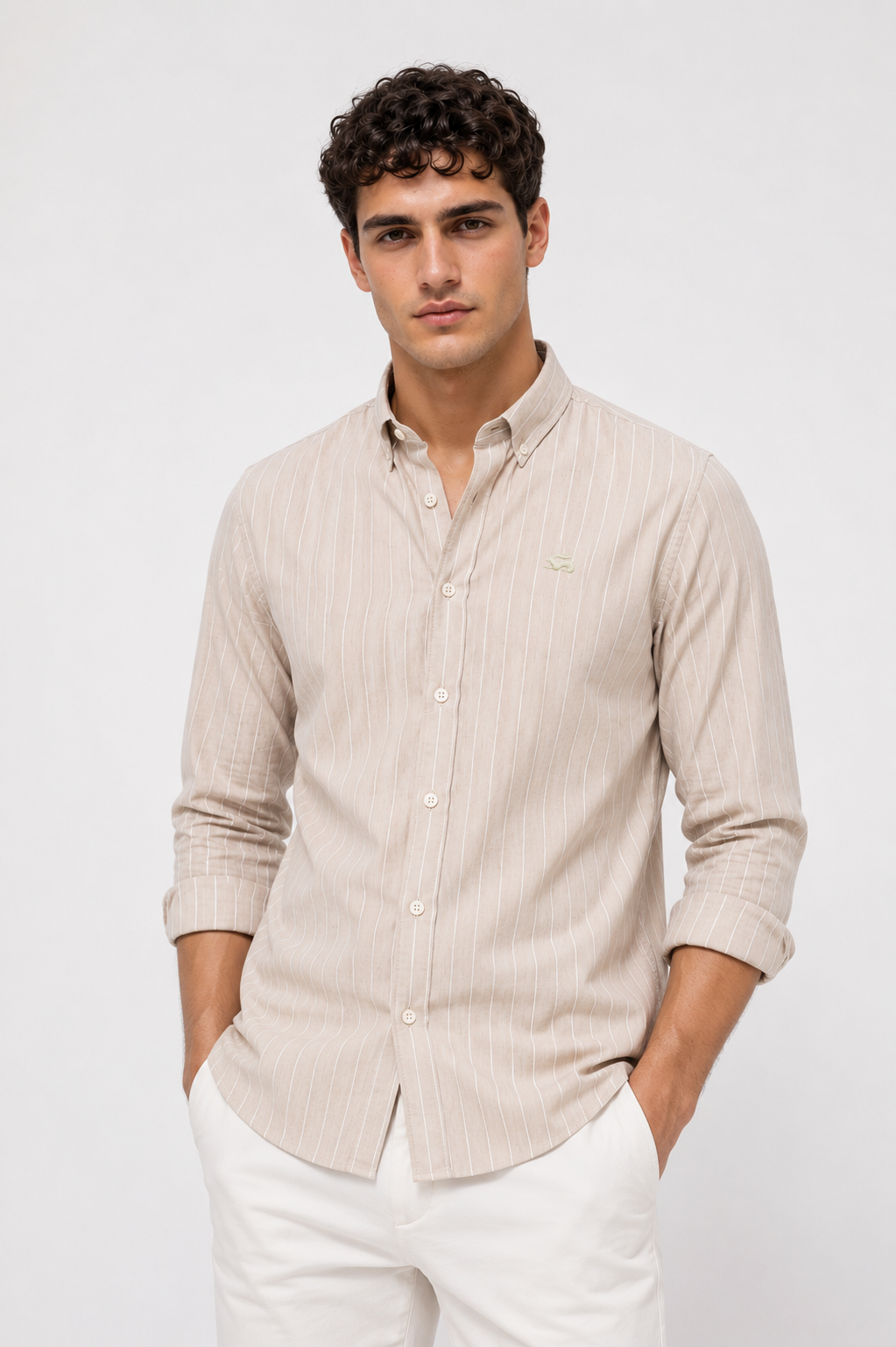 Men Beige Oxford Cotton Casual Shirt