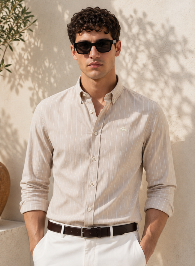 Men Beige Oxford Cotton Casual Shirt