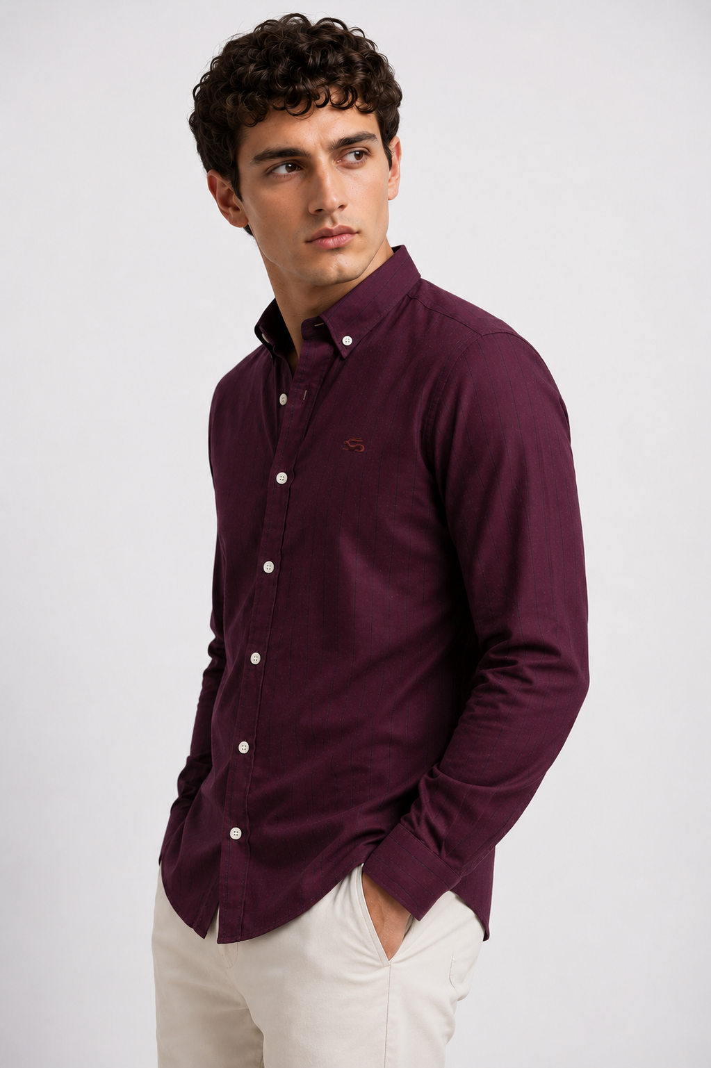 Men Wine Oxford Cotton Casual Shirt
