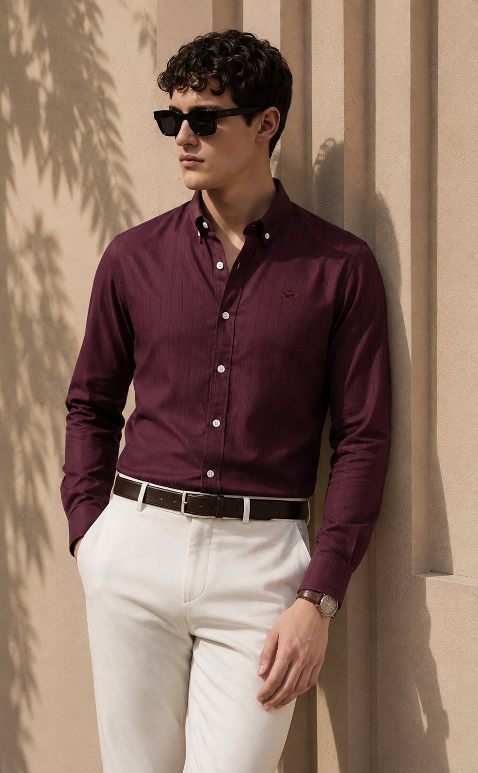 Men Wine Oxford Cotton Casual Shirt