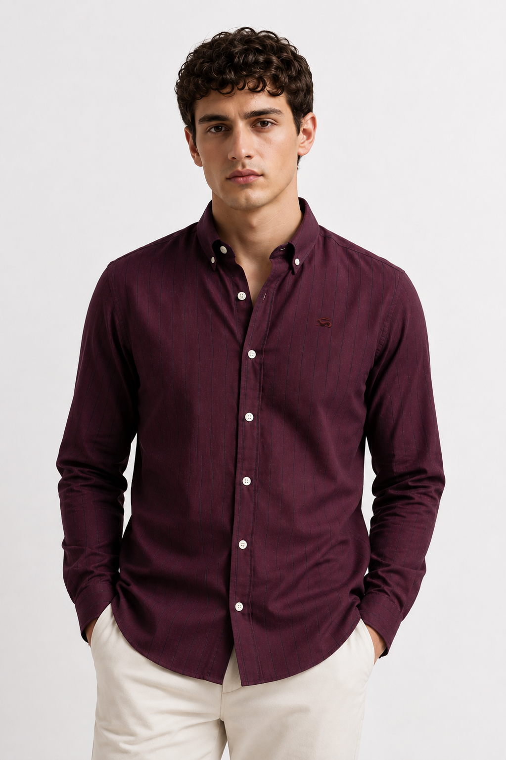 Men Wine Oxford Cotton Casual Shirt