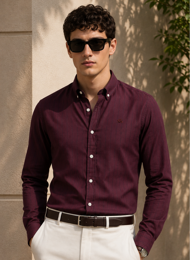 Men Wine Oxford Cotton Casual Shirt