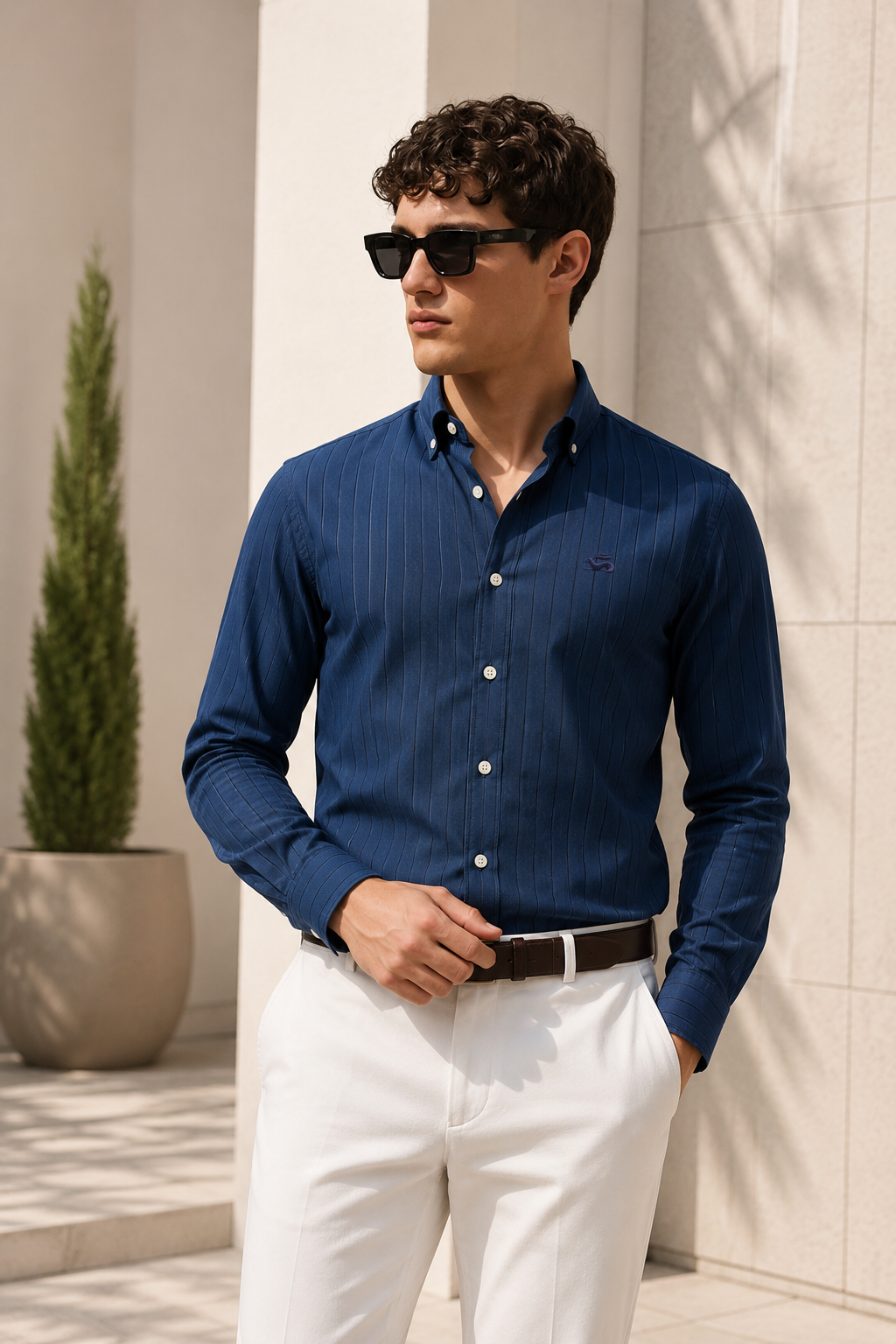 Men Navy Oxford Cotton Casual Shirt