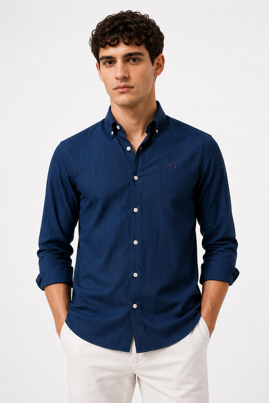 Men Navy Oxford Cotton Casual Shirt