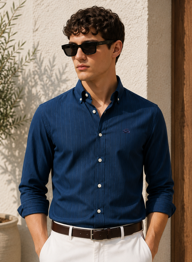 Men Navy Oxford Cotton Casual Shirt