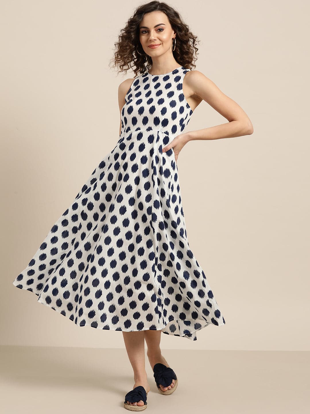 Women Navy Polka Deep Cut Sleeveless Dress
