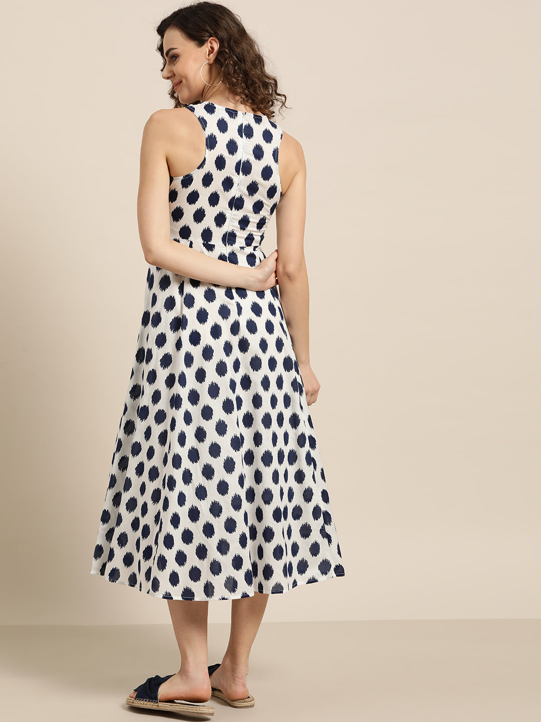 Women Navy Polka Deep Cut Sleeveless Dress
