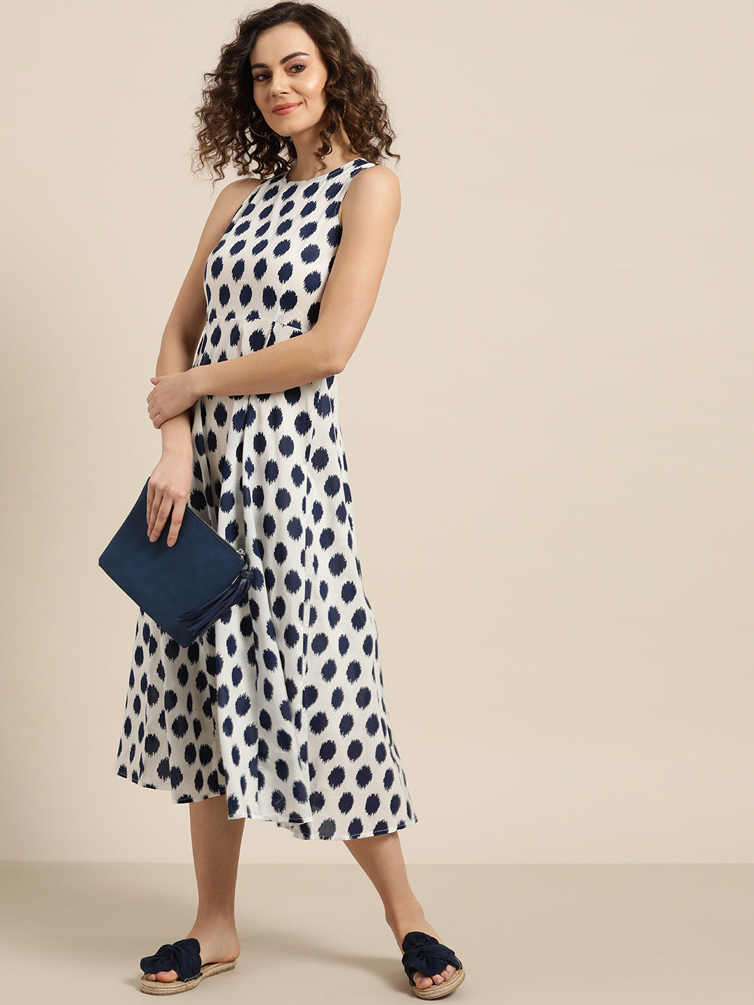 Women Navy Polka Deep Cut Sleeveless Dress