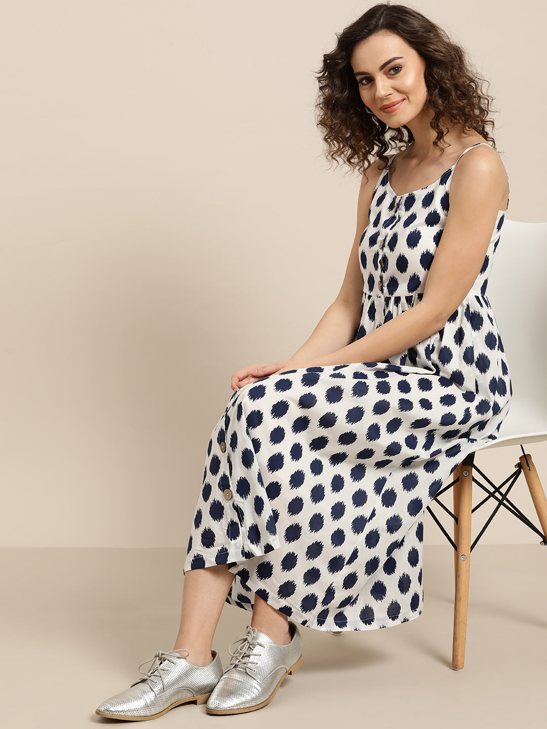 Navy Polka Strappy Front Button Dress