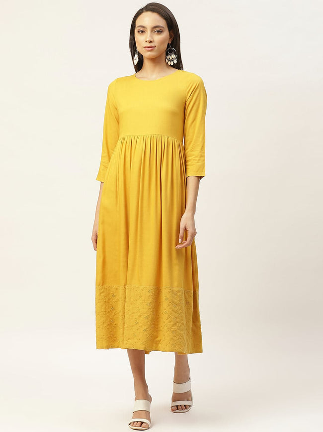 Women Mustard Schiffli Gathered Midi Dress