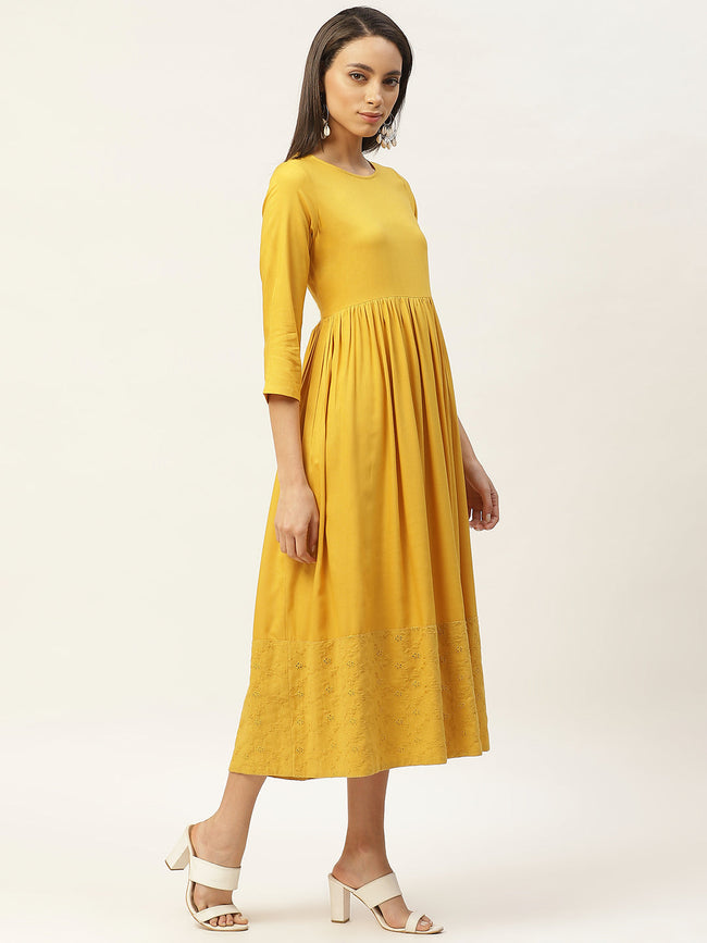 Women Mustard Schiffli Gathered Midi Dress