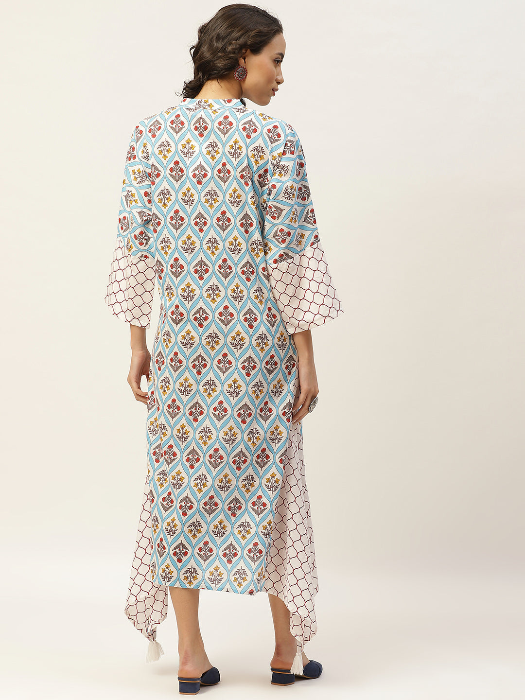 Women Blue Floral Neck Band Kaftan