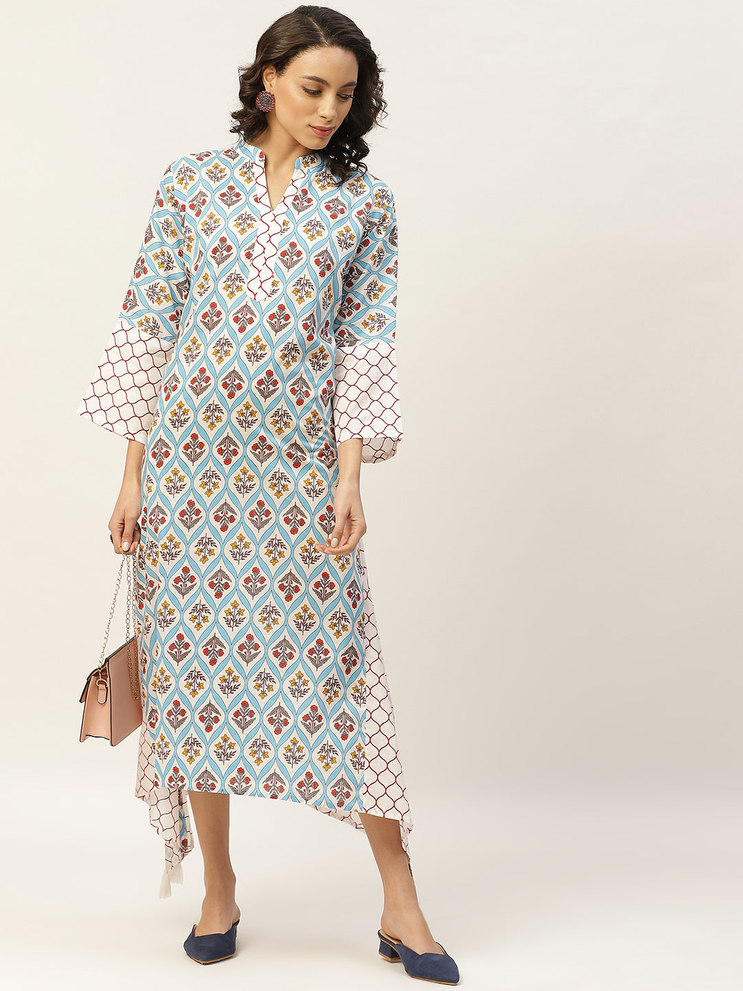 Women Blue Floral Neck Band Kaftan
