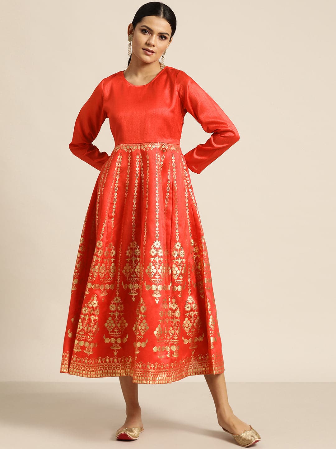 Women Red Gold Foil Anarkali Dress